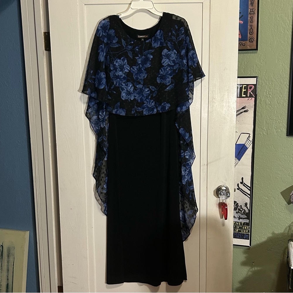 Glamour Nights Brand Mother of the Bride modest blue and black dress with scarf